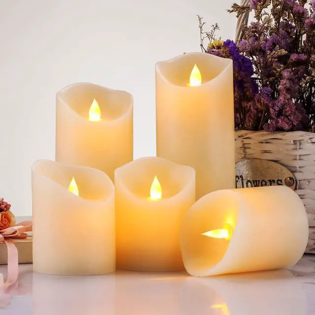 Alt view image 4 of 5 - Flameless Candles, Flickering Moving Flame LED Candles Set of 5 (Size: D: 3" x H: 4"/4"/4"/6"/6") Pillar Realistic Real Wax Battery Operated Candles with Remote Control 2 4 6 8 Hours Timer