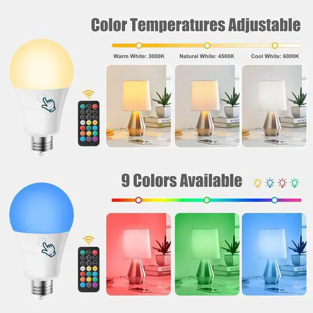 Alt view image 4 of 7 - Rechargeable Bulbs | Magnetic Base, Battery Backup Bulb for Sconce, Lamps and Non-Hardwired Fixtures, 3 Color Temperatures + 9 RGB Colors, 2 Pack