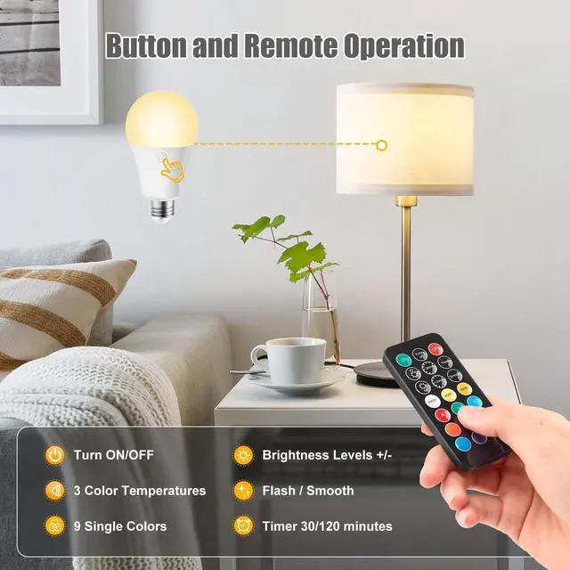 Alt view image 3 of 7 - Rechargeable Bulbs | Magnetic Base, Battery Backup Bulb for Sconce, Lamps and Non-Hardwired Fixtures, 3 Color Temperatures + 9 RGB Colors, 2 Pack