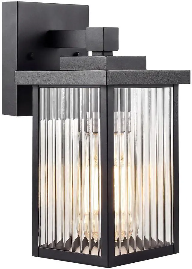 Main image of Black Wall Mount Porch Lights with Ribbed Fluted Glass | 10.6 inch, Anti-Rust Metal Frame, Tempered Glass, E26 Socket, Pre-Assembled DIY Install for Porch, Garage, Front Door