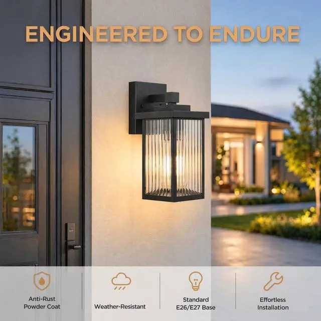 Alt view image 2 of 7 - Black Wall Mount Porch Lights with Ribbed Fluted Glass | 10.6 inch, Anti-Rust Metal Frame, Tempered Glass, E26 Socket, Pre-Assembled DIY Install for Porch, Garage, Front Door