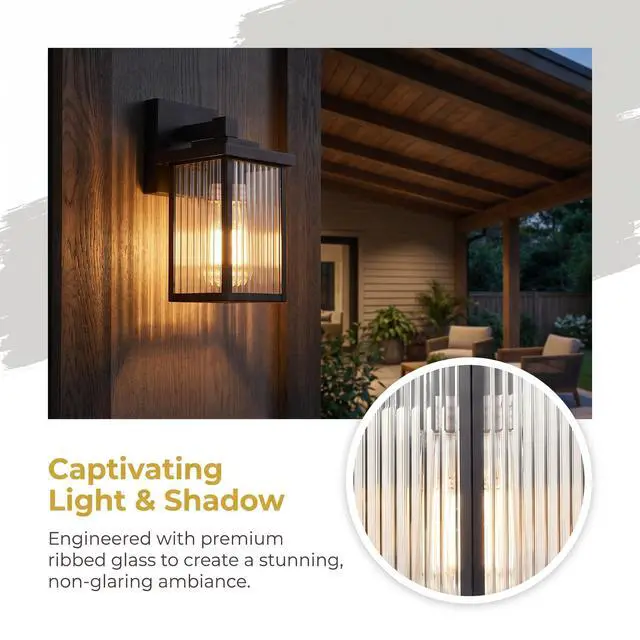 Alt view image 3 of 7 - Black Wall Mount Porch Lights with Ribbed Fluted Glass | 10.6 inch, Anti-Rust Metal Frame, Tempered Glass, E26 Socket, Pre-Assembled DIY Install for Porch, Garage, Front Door
