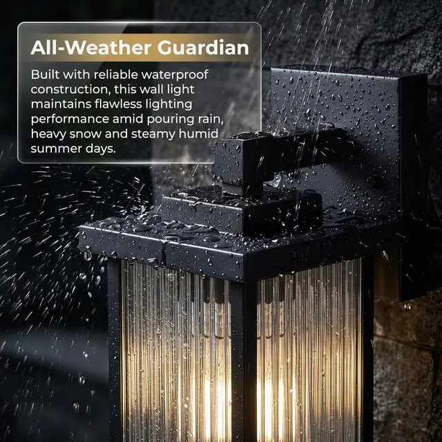 Alt view image 4 of 7 - Black Wall Mount Porch Lights with Ribbed Fluted Glass | 10.6 inch, Anti-Rust Metal Frame, Tempered Glass, E26 Socket, Pre-Assembled DIY Install for Porch, Garage, Front Door