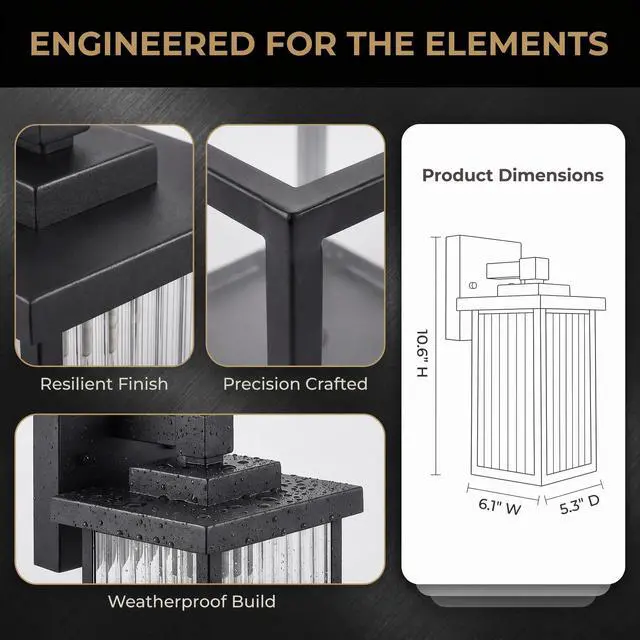 Alt view image 5 of 7 - Black Wall Mount Porch Lights with Ribbed Fluted Glass | 10.6 inch, Anti-Rust Metal Frame, Tempered Glass, E26 Socket, Pre-Assembled DIY Install for Porch, Garage, Front Door