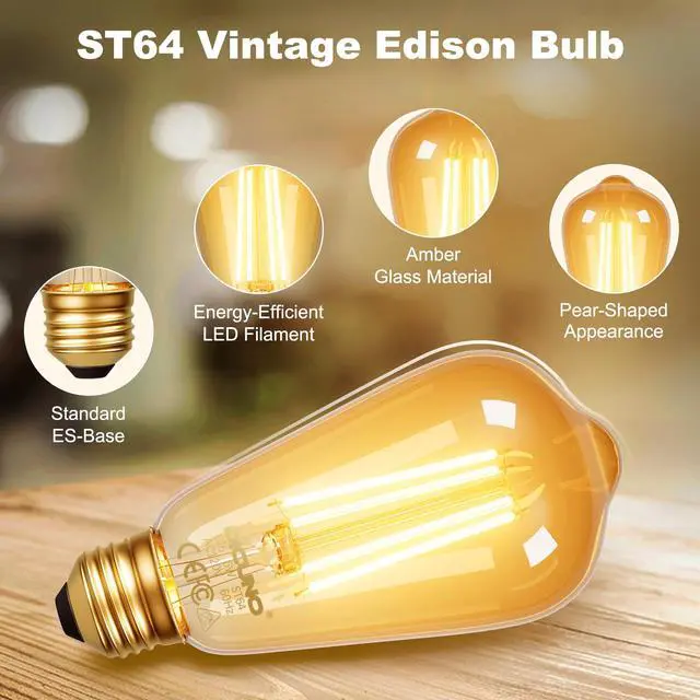 Alt view image 4 of 7 - E26 Edison Bulbs 60W, 2200K Amber Warm, Amber Glass, 600LM, 2-Pack | 6W LED Edison Bulb ST64, Vintage LED Light for Home, Non-Dimmable, CRI 80