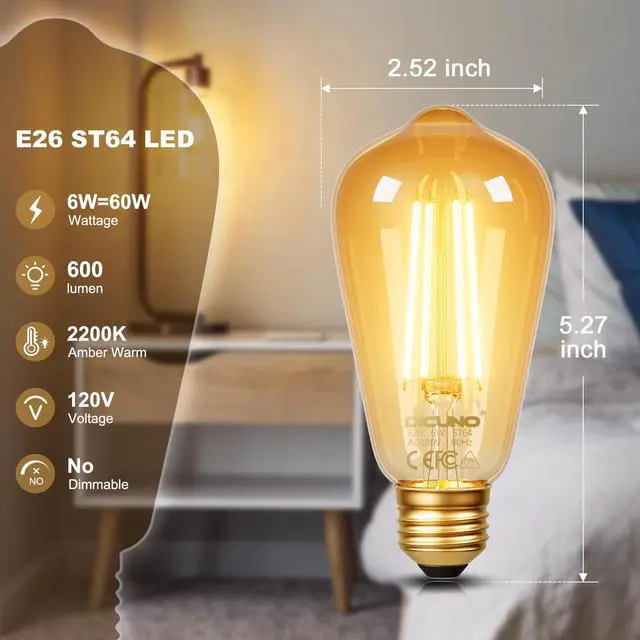 Alt view image 2 of 7 - E26 Edison Bulbs 60W, 2200K Amber Warm, Amber Glass, 600LM, 2-Pack | 6W LED Edison Bulb ST64, Vintage LED Light for Home, Non-Dimmable, CRI 80