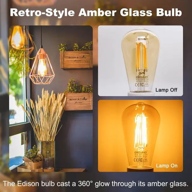 Alt view image 5 of 7 - E26 Edison Bulbs 60W, 2200K Amber Warm, Amber Glass, 600LM, 2-Pack | 6W LED Edison Bulb ST64, Vintage LED Light for Home, Non-Dimmable, CRI 80