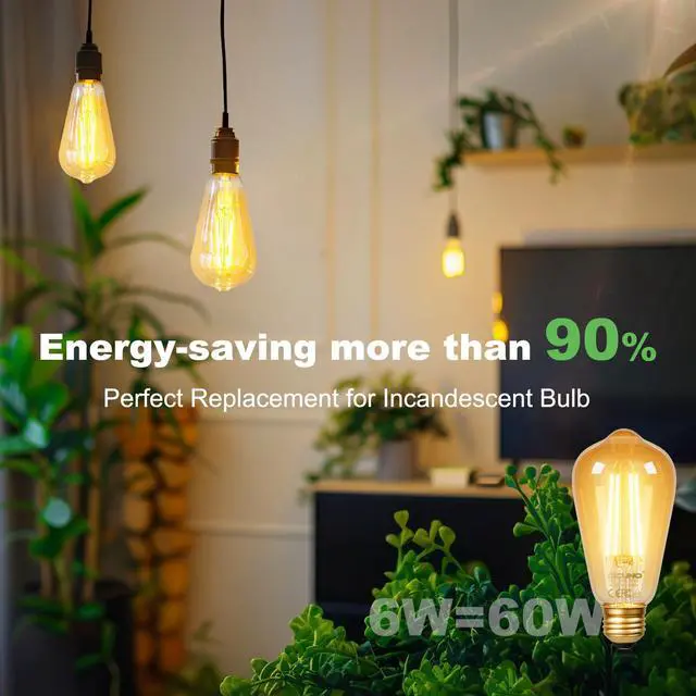 Alt view image 3 of 7 - E26 Edison Bulbs 60W, 2200K Amber Warm, Amber Glass, 600LM, 2-Pack | 6W LED Edison Bulb ST64, Vintage LED Light for Home, Non-Dimmable, CRI 80