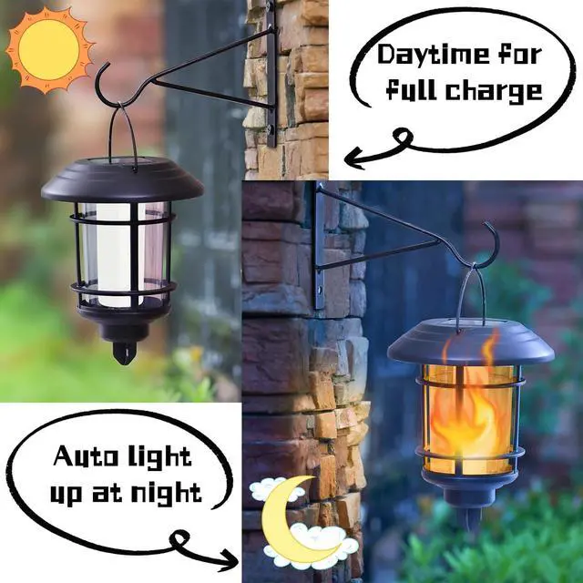 Alt view image 2 of 7 - 4 Pack Solar Flame Wall Lanterns Outdoor, Solar Powered Wall Mounted Sconce Lights, Flickering Flame LED Light Auto On/Off Hanging Lights, Waterproof for Garage Stair Patio Porch Yard