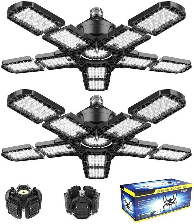 Main image of 2-Pack Led Garage Light 180W, 36000LM Garage Lights Ceiling LED with E26/E27 Medium Base, 6000K Deformable LED Shop Lights with 10+1 Adjustable Panels for Garage, Workshop, Attic, Basemen
