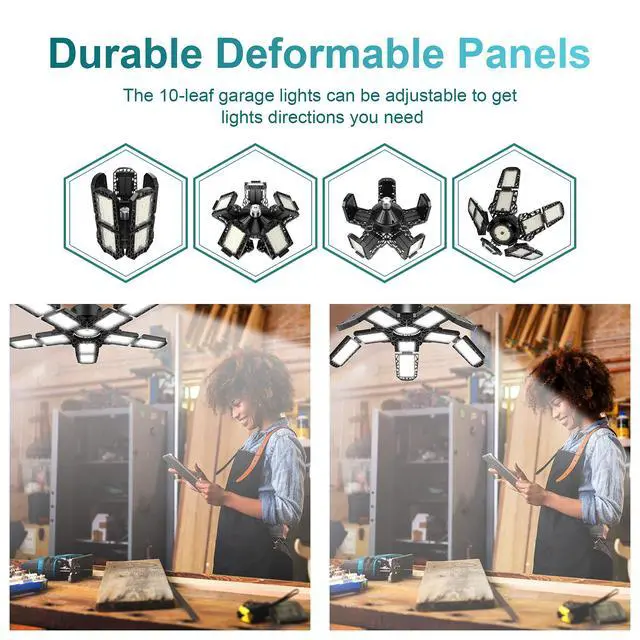 Alt view image 4 of 7 - 2-Pack Led Garage Light 180W, 36000LM Garage Lights Ceiling LED with E26/E27 Medium Base, 6000K Deformable LED Shop Lights with 10+1 Adjustable Panels for Garage, Workshop, Attic, Basemen