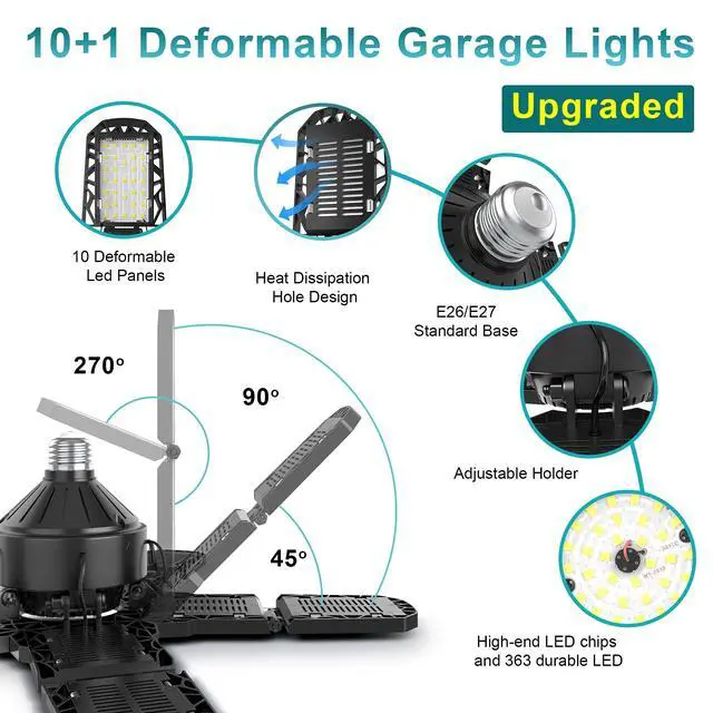 Alt view image 5 of 7 - 2-Pack Led Garage Light 180W, 36000LM Garage Lights Ceiling LED with E26/E27 Medium Base, 6000K Deformable LED Shop Lights with 10+1 Adjustable Panels for Garage, Workshop, Attic, Basemen