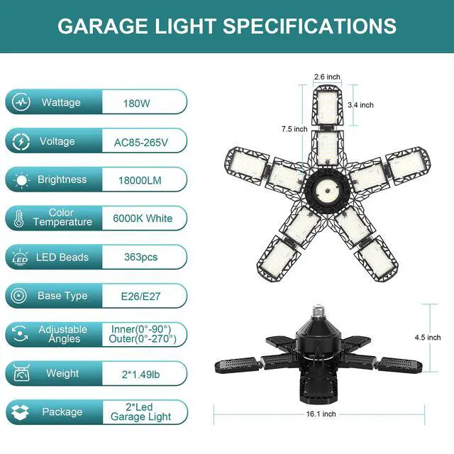 Alt view image 7 of 7 - 2-Pack Led Garage Light 180W, 36000LM Garage Lights Ceiling LED with E26/E27 Medium Base, 6000K Deformable LED Shop Lights with 10+1 Adjustable Panels for Garage, Workshop, Attic, Basemen