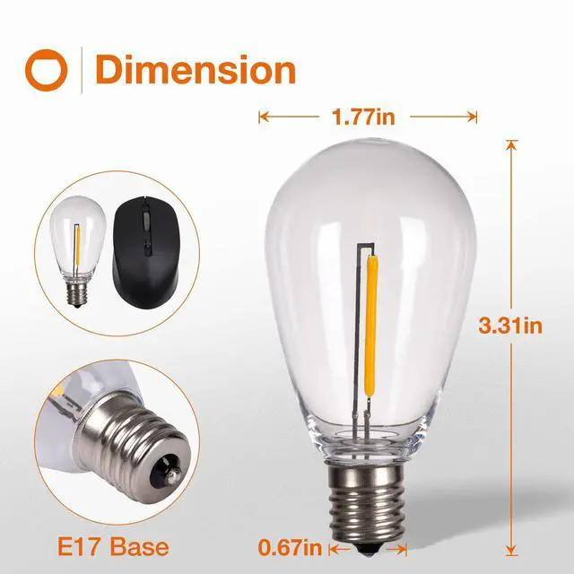 Alt view image 2 of 7 - LED Replacement Bulbs S14 15-Pack 1W E17 Waterproof Shatterproof | Commercial Grade Quality, LED Dimmable Compatible Clear Plastic E17 Screw Base for Our Outdoor String Light