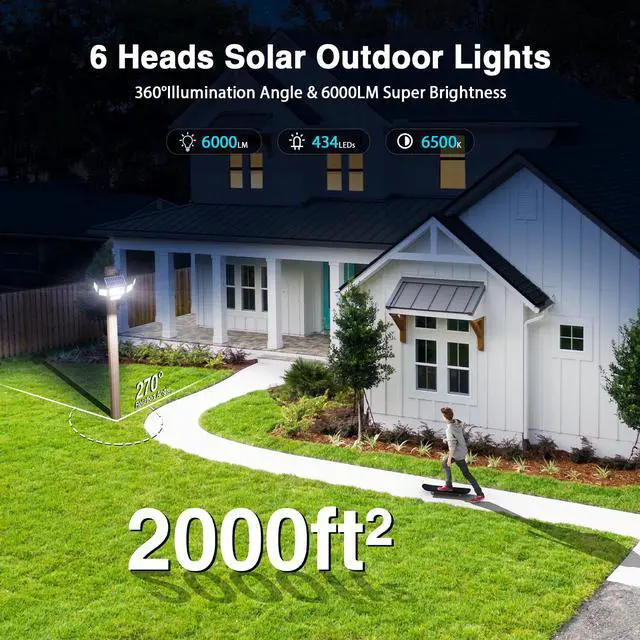 Alt view image 2 of 7 - 6000LM Solar Lights Outdoor Waterproof, 6 Heads Solar Flood Lights Outdoor with 2 Motion Sensor, 310 LED Motion Light with Remote Control for Yard Outside House Patio 2 Pack