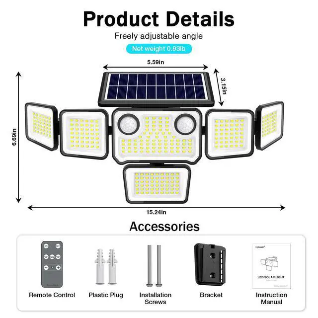 Alt view image 3 of 7 - 6000LM Solar Lights Outdoor Waterproof, 6 Heads Solar Flood Lights Outdoor with 2 Motion Sensor, 310 LED Motion Light with Remote Control for Yard Outside House Patio 2 Pack