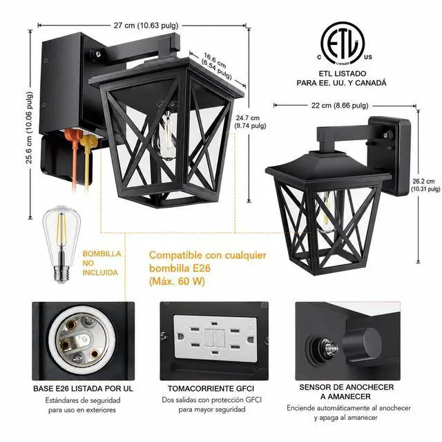Alt view image 6 of 7 - Porch Lights with GFCI Outlet Aircraft Grade Aluminum Alloy-Black 1PC | Dusk to Dawn Outdoor Lights Waterproof IP 68 Upgraded 3 Lighting Modes Exterior Light with Plug for Front Door Patio Garage