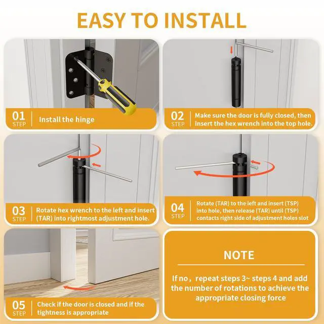 Alt view image 5 of 7 - 3 Pack Self Closing Door Hinges 4 Inch, Adjustable Tension, Black | Spring Loaded Door Hinges for Garage/Front/Back Doors, 5/8'' Radius Corners, Fit Left/Right Hand Doors, UL Listed