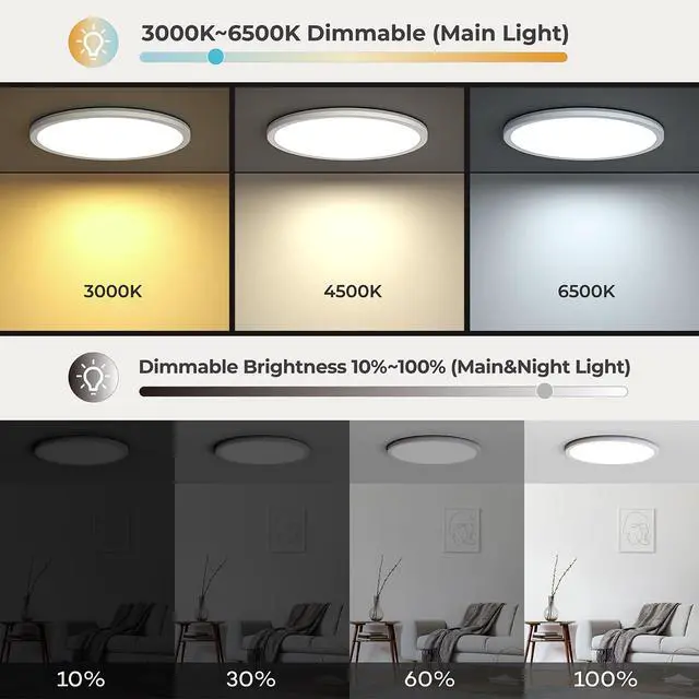 Alt view image 3 of 7 - 12in LED Flush Mount Ceiling Light Fixture with Remote Control, Nightlight 2000K Warm, 3000K-6500K Adjustable, Wired Low Profile Ceiling Lights for Bedroom, Kitchen, Living Room, White