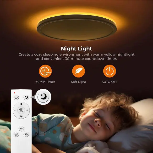 Alt view image 4 of 7 - 12in LED Flush Mount Ceiling Light Fixture with Remote Control, Nightlight 2000K Warm, 3000K-6500K Adjustable, Wired Low Profile Ceiling Lights for Bedroom, Kitchen, Living Room, White
