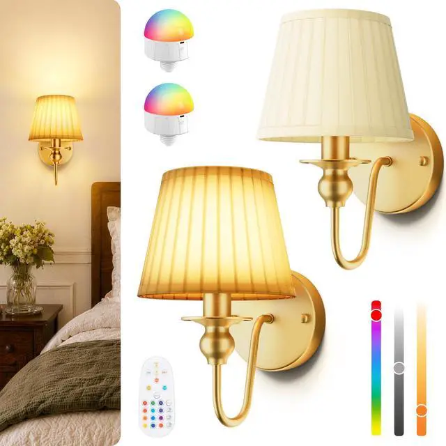 Main image of 6000mAh Battery Operated Wall Sconces Set of 2, Gold, 15 RGB, 10.6 Inch | Renter Friendly, Rechargeable Magnetic Bulbs, Remote Control, Dimmable, LED Wall Lamps for Bedroom Living Room Kitchen