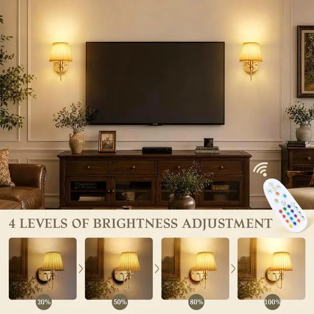 Alt view image 3 of 7 - 6000mAh Battery Operated Wall Sconces Set of 2, Gold, 15 RGB, 10.6 Inch | Renter Friendly, Rechargeable Magnetic Bulbs, Remote Control, Dimmable, LED Wall Lamps for Bedroom Living Room Kitchen