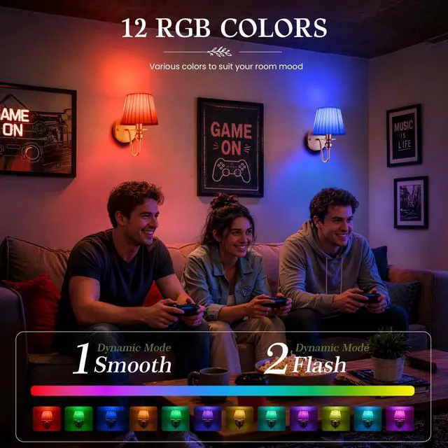 Alt view image 6 of 7 - 6000mAh Battery Operated Wall Sconces Set of 2, Gold, 15 RGB, 10.6 Inch | Renter Friendly, Rechargeable Magnetic Bulbs, Remote Control, Dimmable, LED Wall Lamps for Bedroom Living Room Kitchen