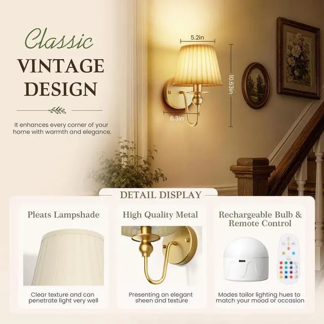 Alt view image 7 of 7 - 6000mAh Battery Operated Wall Sconces Set of 2, Gold, 15 RGB, 10.6 Inch | Renter Friendly, Rechargeable Magnetic Bulbs, Remote Control, Dimmable, LED Wall Lamps for Bedroom Living Room Kitchen