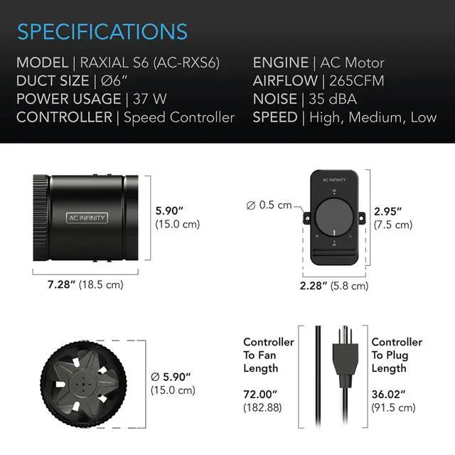 Alt view image 6 of 7 - RAXIAL S6, Inline Booster Duct Fan 150mm with Speed Controller | Low Noise Inline HVAC Blower Can Fan for Basements, Bathrooms, Kitchens, Workshops