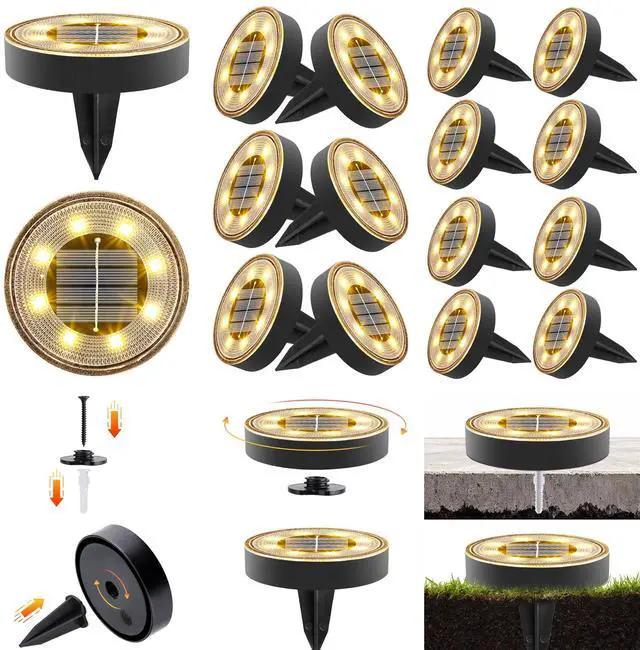 Main image of 2-in-1 Solar Lights Outdoor Waterproof, 16 Pack 8 LED, Warm White | Solar Powered Garden Lights Ground Disc Landscape Lighting for Patio Pathway Lawn Yard Driveway Walkway Deck Step