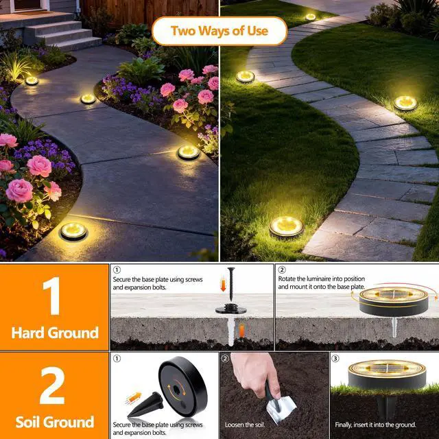 Alt view image 2 of 7 - 2-in-1 Solar Lights Outdoor Waterproof, 16 Pack 8 LED, Warm White | Solar Powered Garden Lights Ground Disc Landscape Lighting for Patio Pathway Lawn Yard Driveway Walkway Deck Step