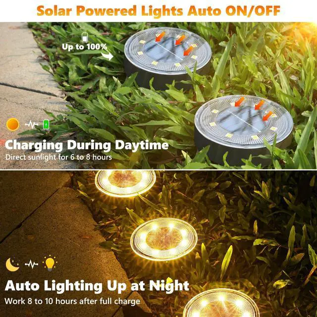 Alt view image 7 of 7 - 2-in-1 Solar Lights Outdoor Waterproof, 16 Pack 8 LED, Warm White | Solar Powered Garden Lights Ground Disc Landscape Lighting for Patio Pathway Lawn Yard Driveway Walkway Deck Step