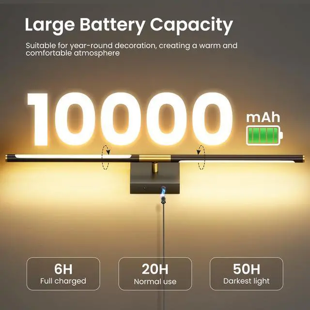 Alt view image 2 of 7 - 10000mAh Rechargeable Wall Lights, Black Gold, 29 Inch, 3CCT, 2 Pack | Battery Operated Wall Sconces Set of 2, Remote Control, 360° Rotate, Dimmable, LED Cordless Lamps for Bedroom, Living Room
