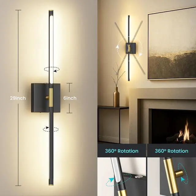 Alt view image 3 of 7 - 10000mAh Rechargeable Wall Lights, Black Gold, 29 Inch, 3CCT, 2 Pack | Battery Operated Wall Sconces Set of 2, Remote Control, 360° Rotate, Dimmable, LED Cordless Lamps for Bedroom, Living Room