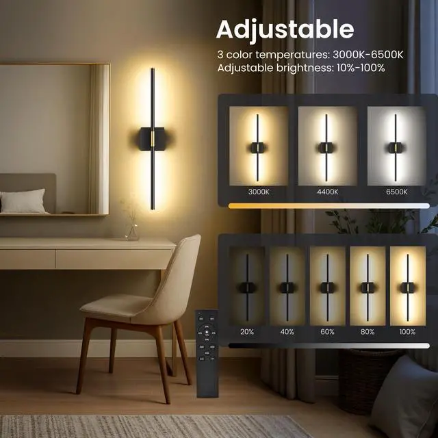 Alt view image 4 of 7 - 10000mAh Rechargeable Wall Lights, Black Gold, 29 Inch, 3CCT, 2 Pack | Battery Operated Wall Sconces Set of 2, Remote Control, 360° Rotate, Dimmable, LED Cordless Lamps for Bedroom, Living Room