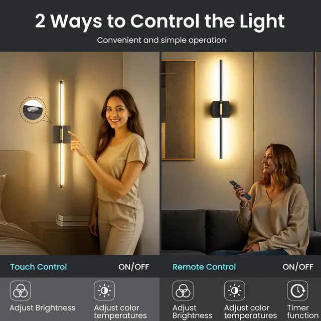 Alt view image 5 of 7 - 10000mAh Rechargeable Wall Lights, Black Gold, 29 Inch, 3CCT, 2 Pack | Battery Operated Wall Sconces Set of 2, Remote Control, 360° Rotate, Dimmable, LED Cordless Lamps for Bedroom, Living Room