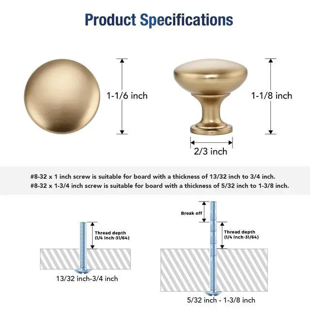Alt view image 3 of 7 - Champagne Bronze Cabinet Knobs Solid Knobs 1-1/6 Inch 25 Pack | Zinc Alloy, Kitchen Cabinet Pulls, Single Hole, Screws Included, Smooth Design, Rounded shape, for Drawer, Dresser, Cupboards