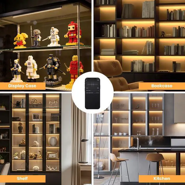 Alt view image 6 of 7 - Black Shelf Lights, LED Bookcase Lighting Compatible with Alexa, WiFi Dimmable 2700K Under Shelf Lighting for Bookshelf, Display Case, Cabinets with App, Remote, Memory Function (4Pack 12In)