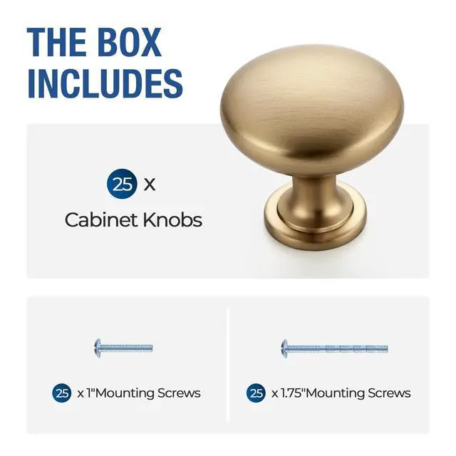Alt view image 6 of 7 - Champagne Bronze Cabinet Knobs Solid Knobs 1-1/6 Inch 25 Pack | Zinc Alloy, Kitchen Cabinet Pulls, Single Hole, Screws Included, Smooth Design, Rounded shape, for Drawer, Dresser, Cupboards