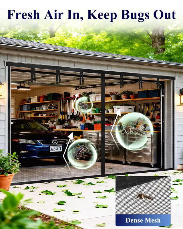 Alt view image 2 of 7 - Garage Door Screen, 2-Car Garage, 16 x 7 ft, Fiberglass | Porch Gazebo Patio, Hands-Free Magnetic Closure, Buckle Straps, Black