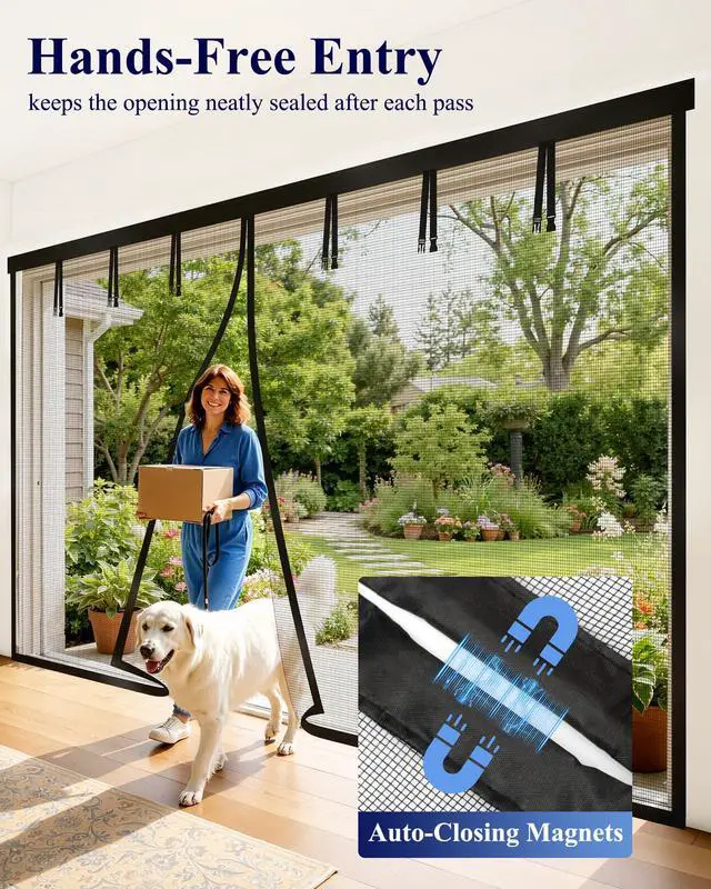 Alt view image 3 of 7 - Garage Door Screen, 2-Car Garage, 16 x 7 ft, Fiberglass | Porch Gazebo Patio, Hands-Free Magnetic Closure, Buckle Straps, Black
