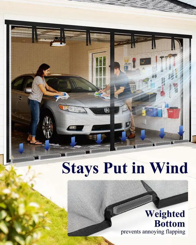 Alt view image 4 of 7 - Garage Door Screen, 2-Car Garage, 16 x 7 ft, Fiberglass | Porch Gazebo Patio, Hands-Free Magnetic Closure, Buckle Straps, Black