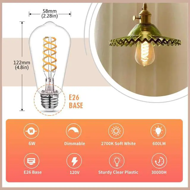 Alt view image 2 of 7 - 12P Edison Light Bulbs 60W Equi, Dimmable Vintage LED Light Bulbs | Shatter Resistant E26 LED Bulbs 6 Watt, 800LM, Warm White 2700K, 80+ CRI, Antique Decorative Filament LED Bulb