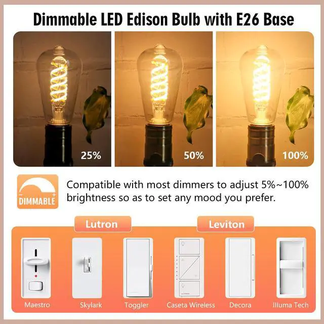 Alt view image 3 of 7 - 12P Edison Light Bulbs 60W Equi, Dimmable Vintage LED Light Bulbs | Shatter Resistant E26 LED Bulbs 6 Watt, 800LM, Warm White 2700K, 80+ CRI, Antique Decorative Filament LED Bulb