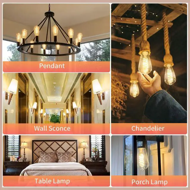 Alt view image 7 of 7 - 12P Edison Light Bulbs 60W Equi, Dimmable Vintage LED Light Bulbs | Shatter Resistant E26 LED Bulbs 6 Watt, 800LM, Warm White 2700K, 80+ CRI, Antique Decorative Filament LED Bulb