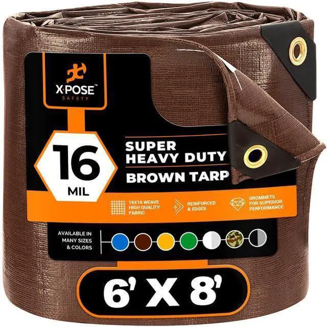 Main image of 6' x 8' Super Heavy Duty 16 Mil Brown Poly Tarp Cover - Thick Waterproof, UV Resistant, Rip and Tear Proof Tarpaulin with Grommets and Reinforced Edges - by