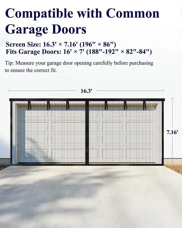Alt view image 6 of 7 - Garage Door Screen, 2-Car Garage, 16 x 7 ft, Fiberglass | Porch Gazebo Patio, Hands-Free Magnetic Closure, Buckle Straps, Black
