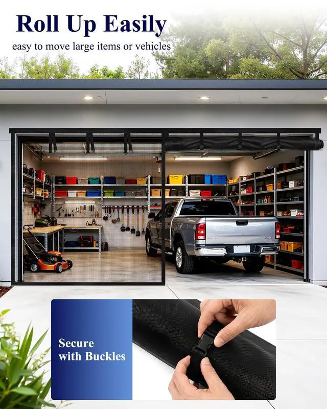 Alt view image 7 of 7 - Garage Door Screen, 2-Car Garage, 16 x 7 ft, Fiberglass | Porch Gazebo Patio, Hands-Free Magnetic Closure, Buckle Straps, Black
