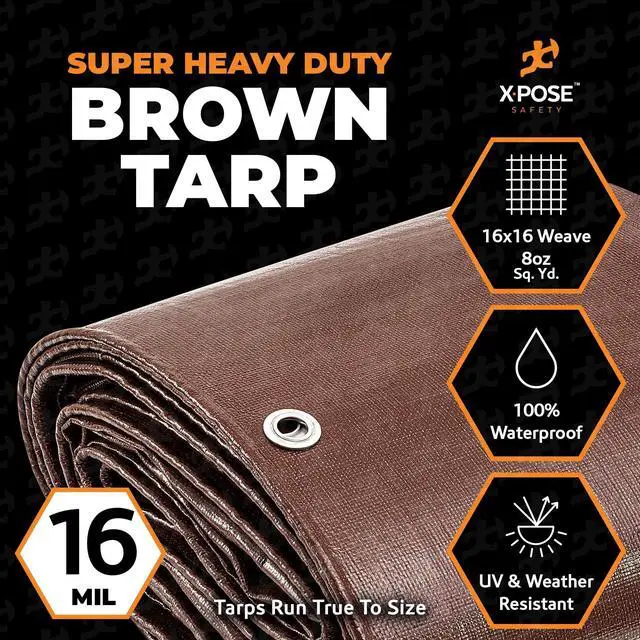 Alt view image 3 of 7 - 6' x 8' Super Heavy Duty 16 Mil Brown Poly Tarp Cover - Thick Waterproof, UV Resistant, Rip and Tear Proof Tarpaulin with Grommets and Reinforced Edges - by
