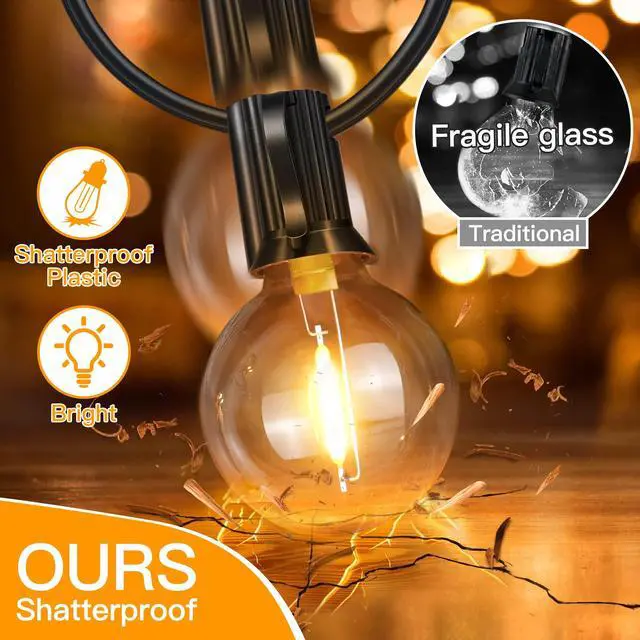 Alt view image 2 of 7 - 50FT Outdoor String Lights, Waterproof Connectable Shatterproof Outside Light with 25 Edison + 2 Spare LED Bulbs Plug in, Patio Lights for Indoor Balcony Porch Camping Deck